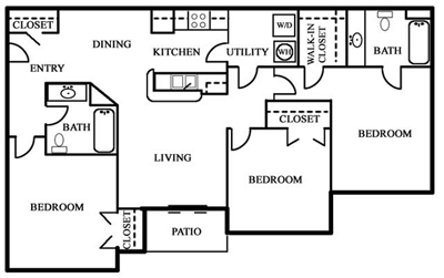 Three Bedroom / Two Bath - 1,174 Sq. Ft.*